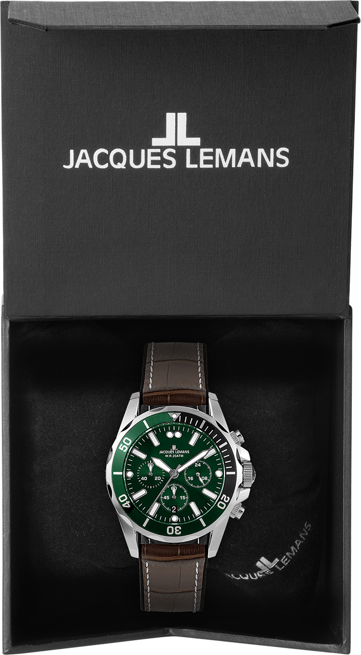 Jacques Lemans Orologio Da Uomo 1-2091C, Cronografo Al Quarzo, Quadrante Verde Sunray, Cinturino In Pelle E Silicone, 43 Mm, Impermeabile 20 Bar